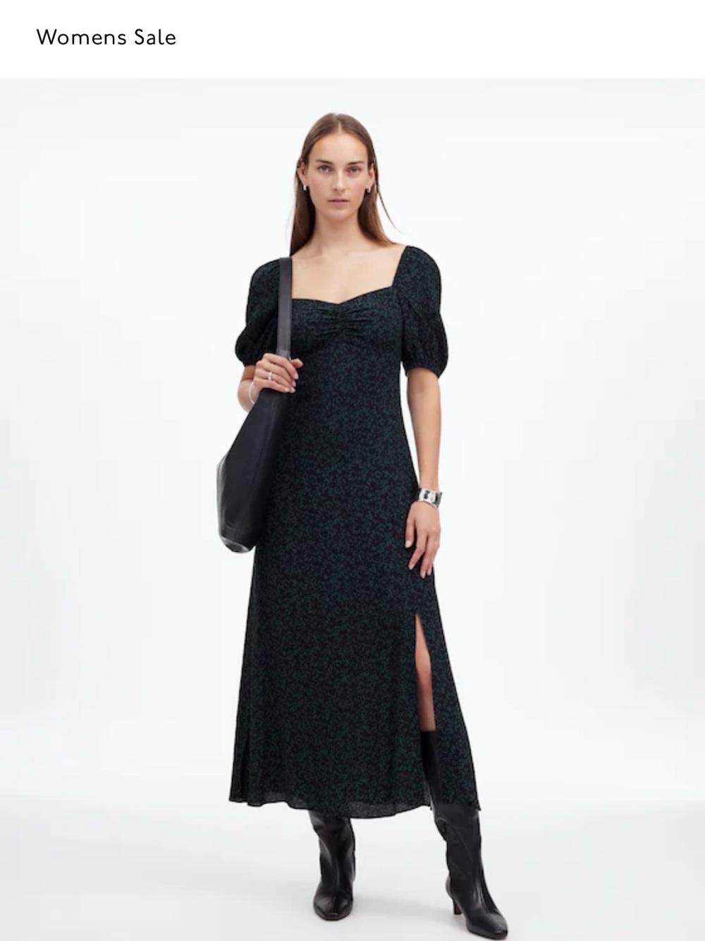 Madewell puff sleeve sweetheart Midi Dress in green print
